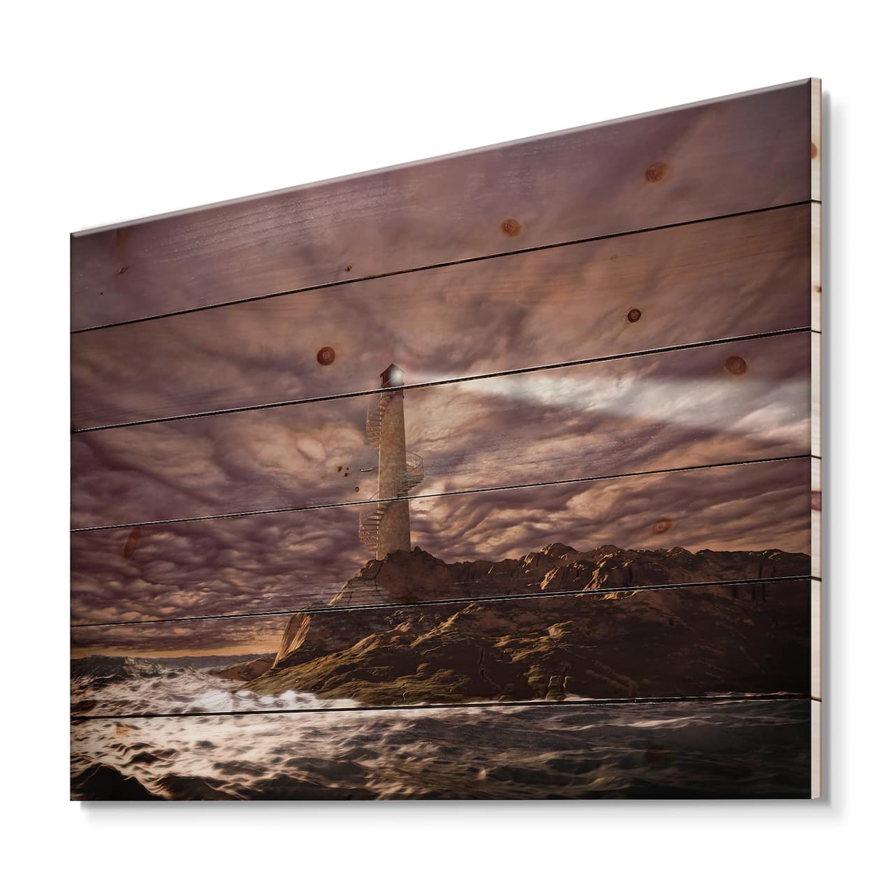 Designart - Lighthouse Shining Light During Stormy Night I - Nautical & Coastal Print on Natural Pine Wood